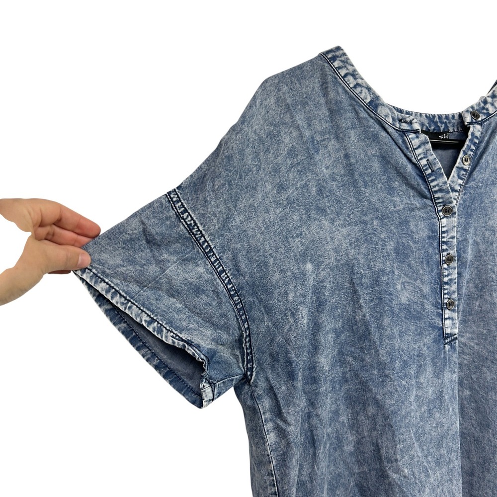Tencel Acid Wash Tunic Dress M Blue Ruffle Hem Oversized Lagenlook Boho Earthy - Picture 2 of 11